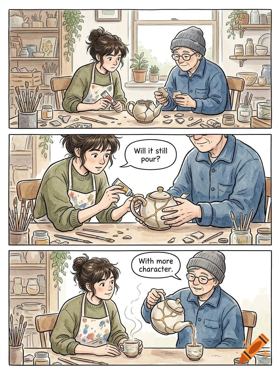 A three-panel comic strip showing a young woman and an older man repairing a broken teapot together.