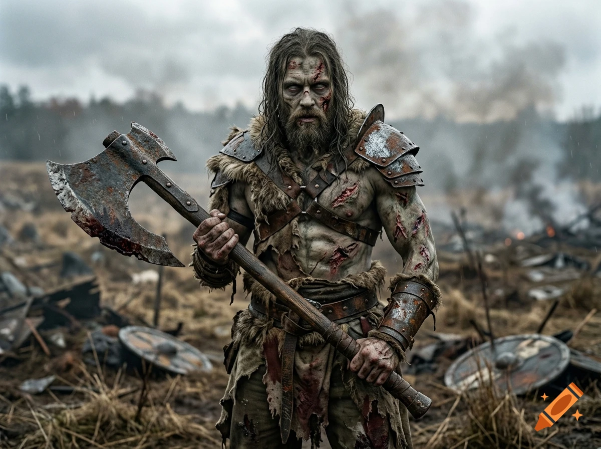 Photorealistic image of a zombified barbarian with a great-axe, grey eyes, and open wounds standing in a battlefield.