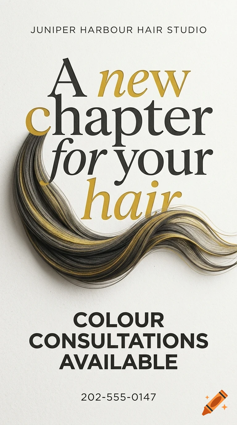 An advertisement for Juniper Harbour Hair Studio featuring text and a lock of styled hair.