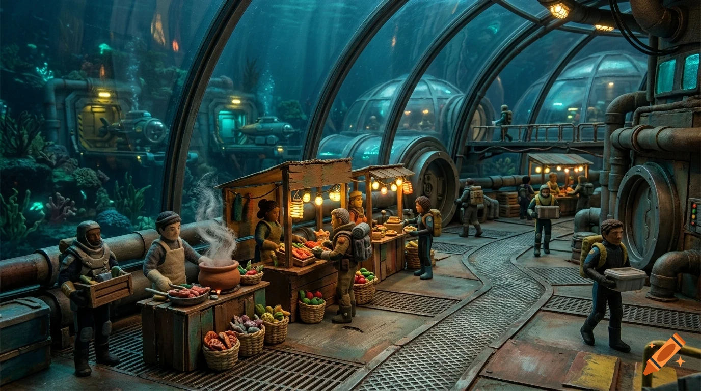 An underwater market scene inside a glass-domed futuristic base with people shopping at stalls and submarines visible outside.
