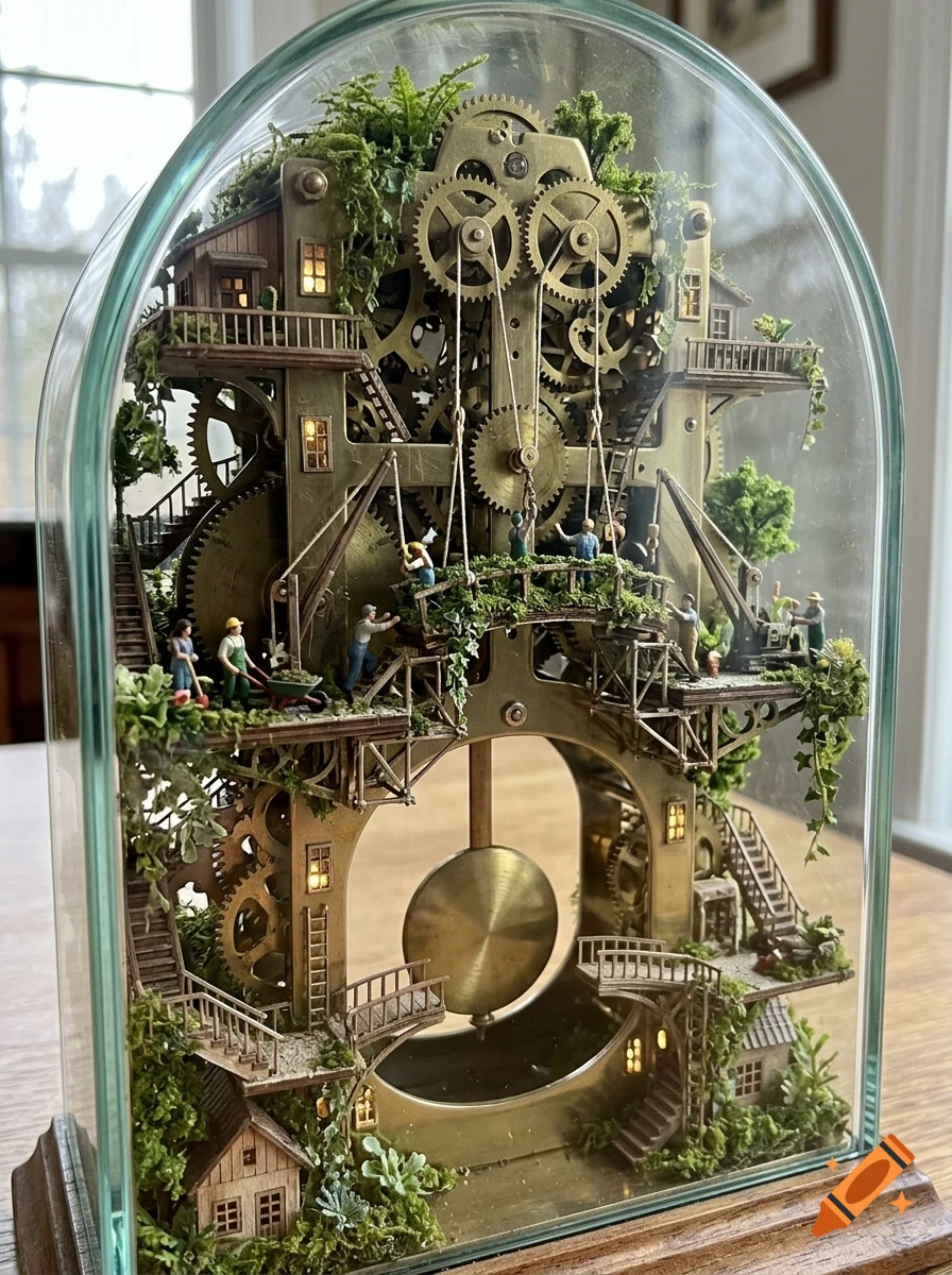 A detailed diorama inside a glass dome featuring a miniature steampunk clockwork mechanism populated by tiny human figures, gears, balconies, and green foliage.