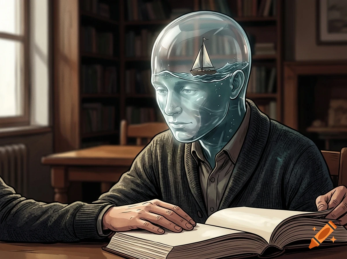 Illustration of a person sitting at a desk with an open book, their head made of a glass bowl filled with water and a small sailboat inside, set in a library.