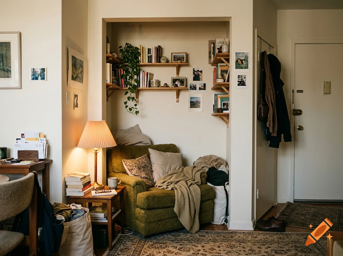 A cozy apartment corner featuring an armchair, shelves with books and plants, and a glowing table lamp.