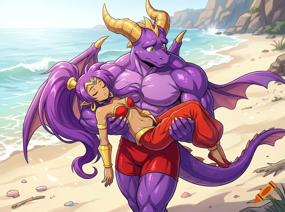 An anthropomorphic purple dragon carrying an unconscious anime girl in red clothes on a beach, digital art style.
