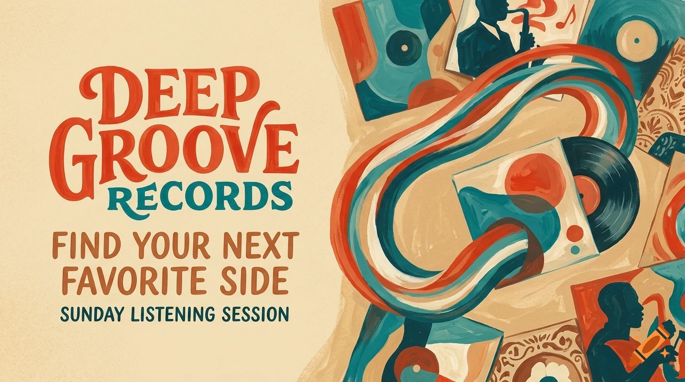An illustrated poster for Deep Groove Records featuring retro typography and abstract vinyl record designs.