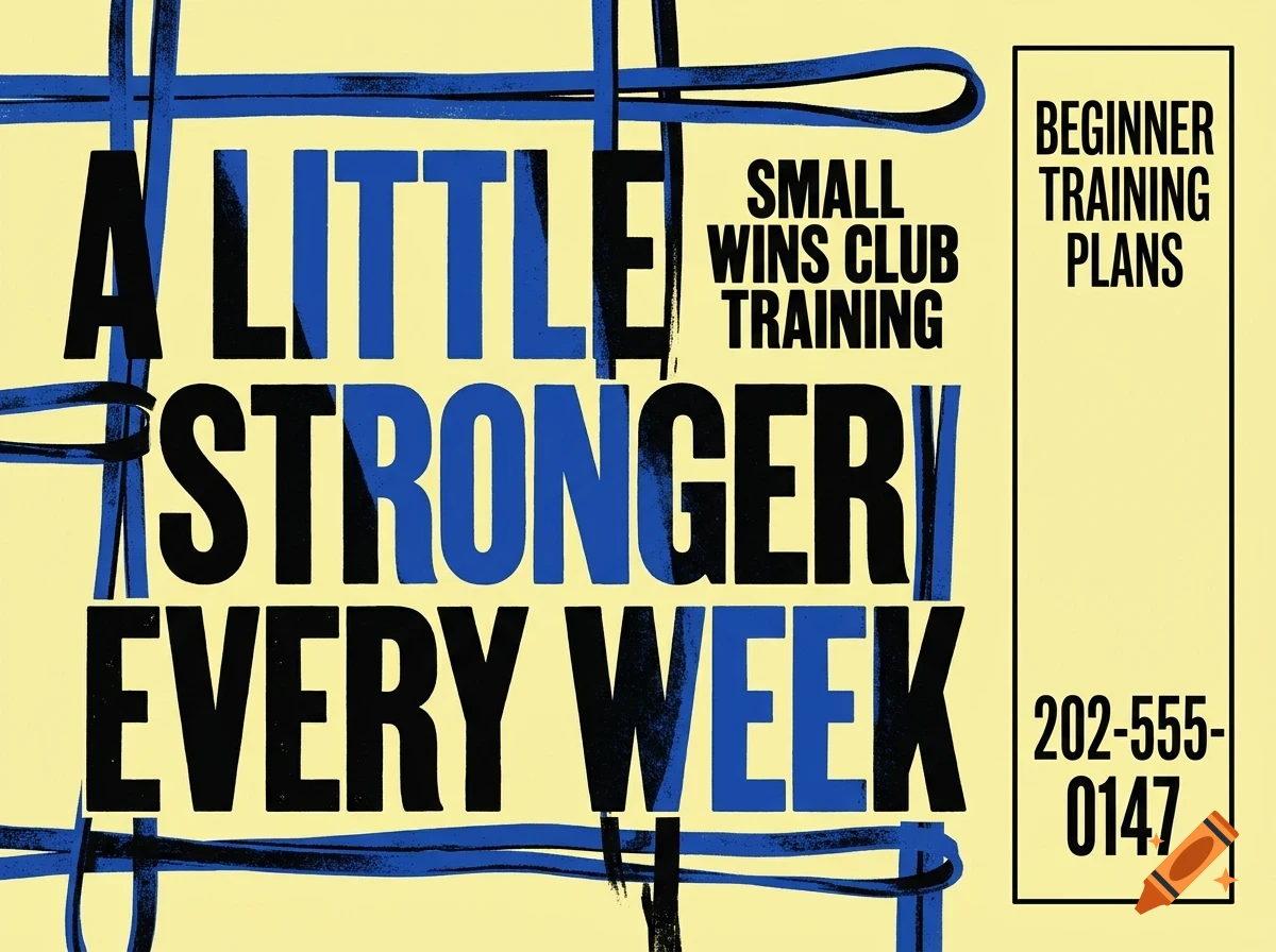 A poster with bold text reading A LITTLE STRONGER EVERY WEEK in black and blue, alongside grid lines and a side panel with training info and a phone number.
