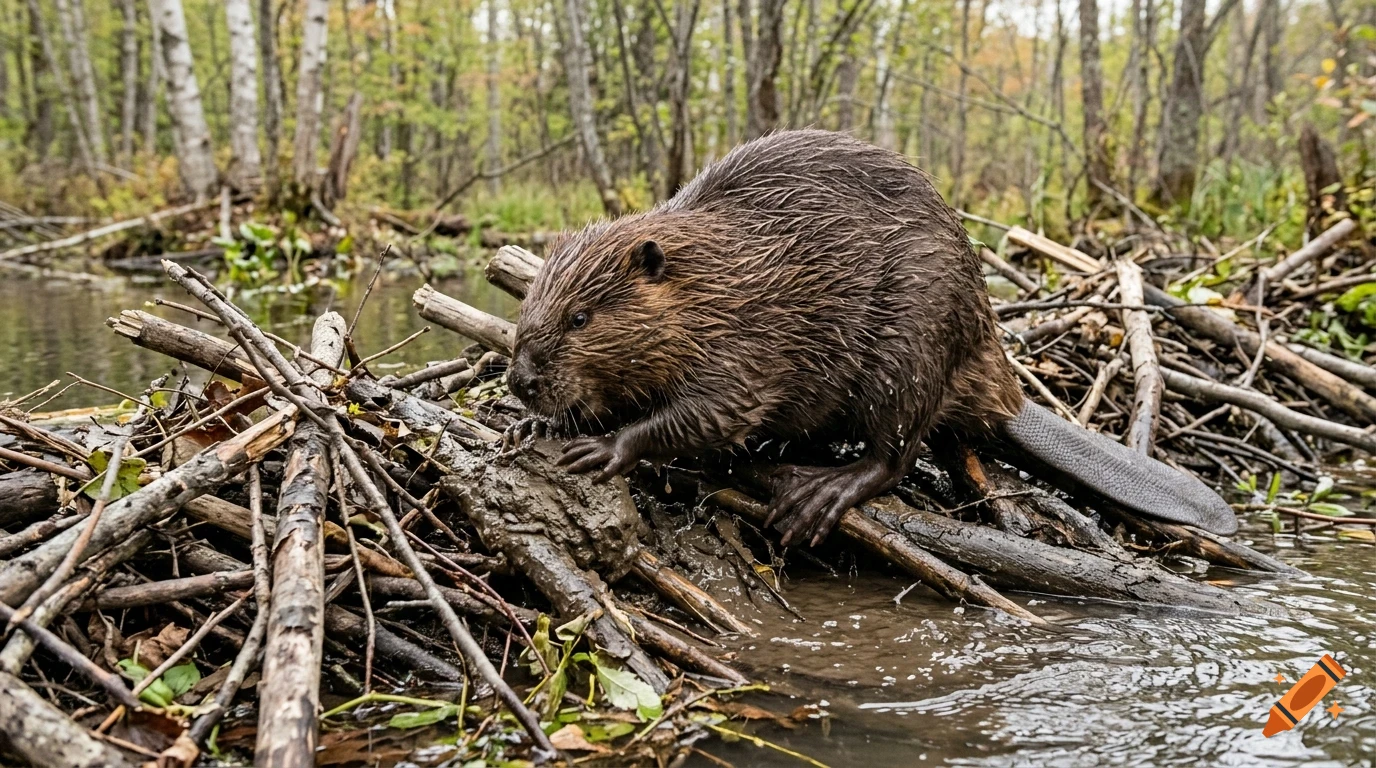 A beaver stands on its lodge made of branches and mud near a body of water in a forest.