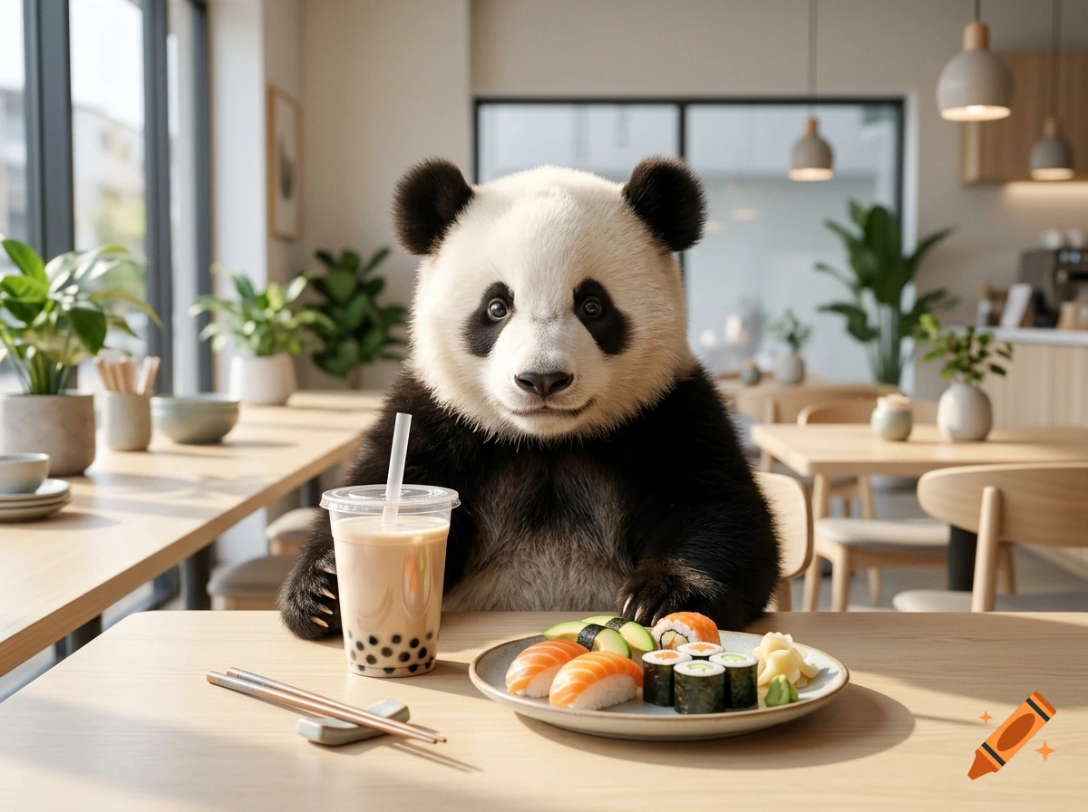 A cute panda sitting at a restaurant table, eating sushi and drinking bubble tea, photorealistic style.