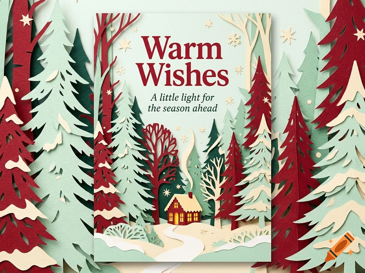 A layered papercraft greeting card featuring a snowy winter forest scene with a lit cabin, pine trees, and the text Warm Wishes.