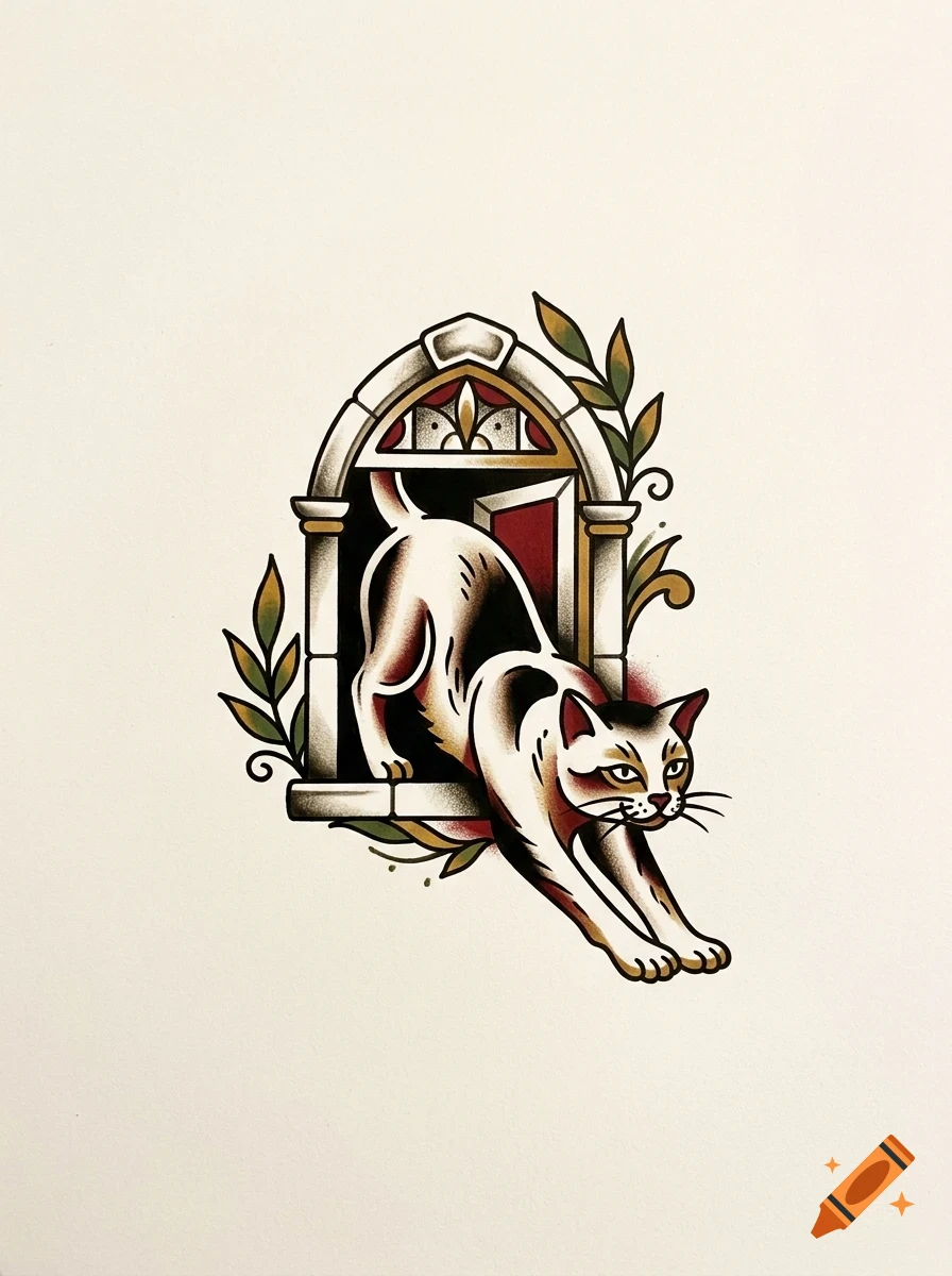 An illustration of a cat stretching as it steps through a small archway decorated with leaves.
