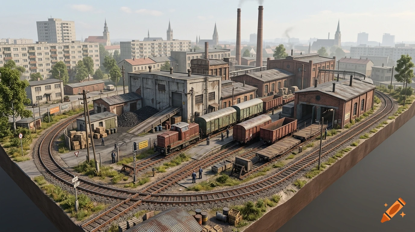 Detailed model railroad diorama featuring industrial buildings, freight cars, and a diesel locomotive, set against a city backdrop.