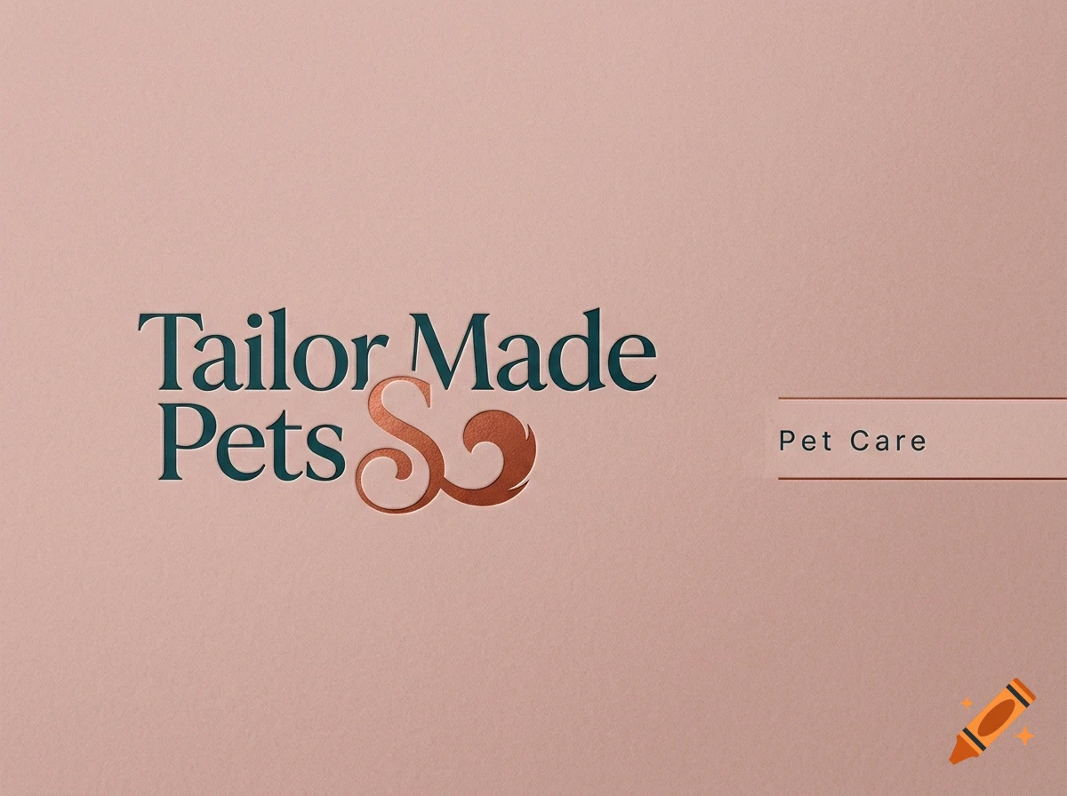 An embossed logo reading "Tailor Made Pets" with a copper-toned ornate symbol and "Pet Care" on a pink background.