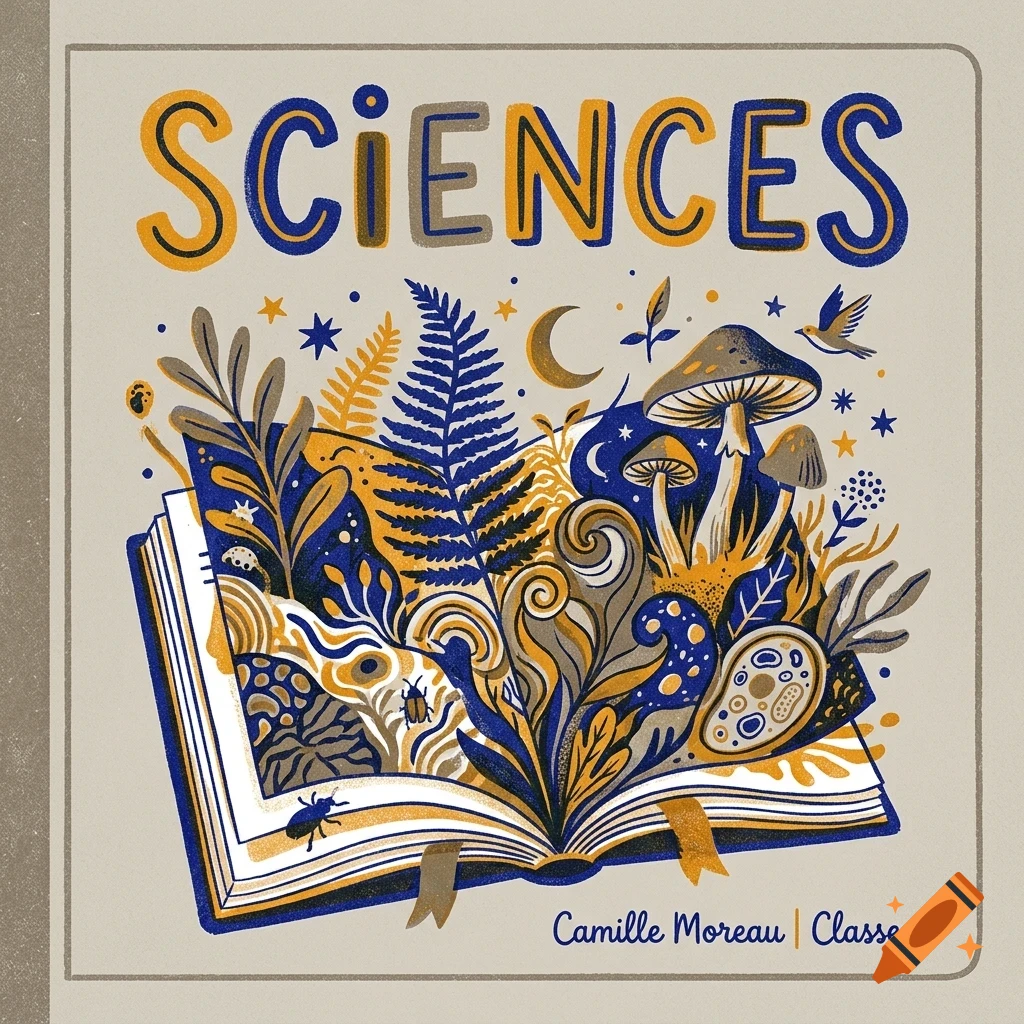 An illustrated cover for a science book featuring an open book emitting botanical elements, mushrooms, insects, stars, and the text 'SCIENCES' and 'Camille Moreau | Classe 6e'.