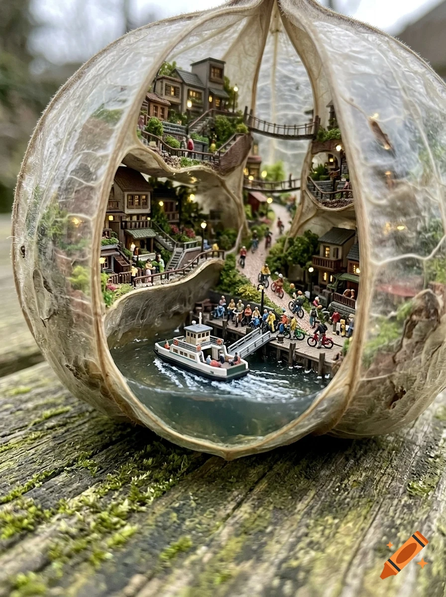 A miniature village and harbor with a boat, people, and buildings carved inside a dried seed pod.
