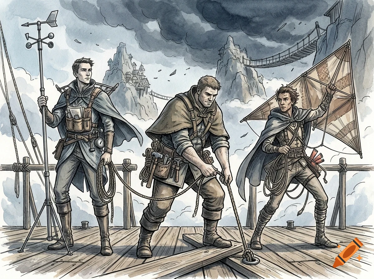 Three adventurers in capes stand on a wooden platform among clouds and mountains, holding ropes and instruments under a stormy sky.