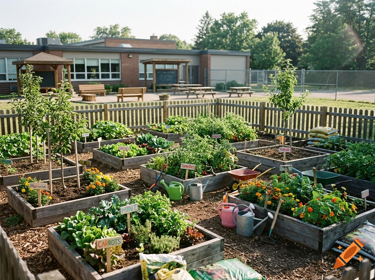 Photograph of a community school garden with raised wooden beds, plants, labels, and gardening tools.