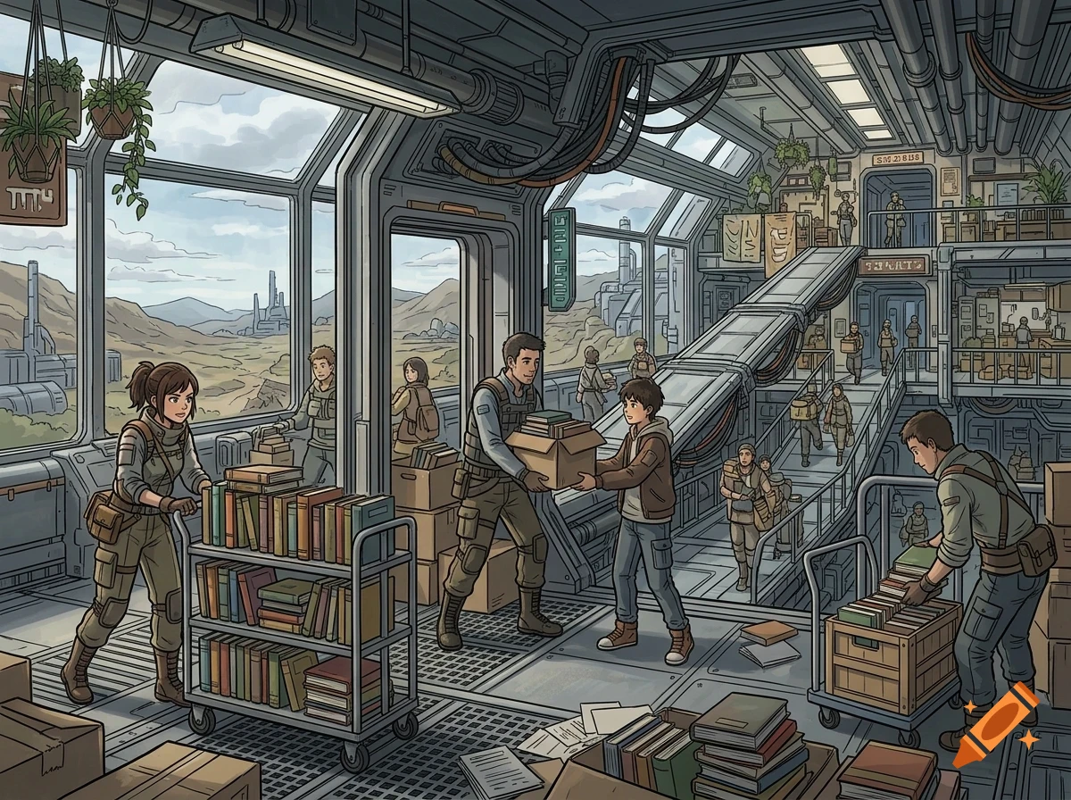 People organizing books and boxes inside a large futuristic interior space with large windows overlooking a landscape.