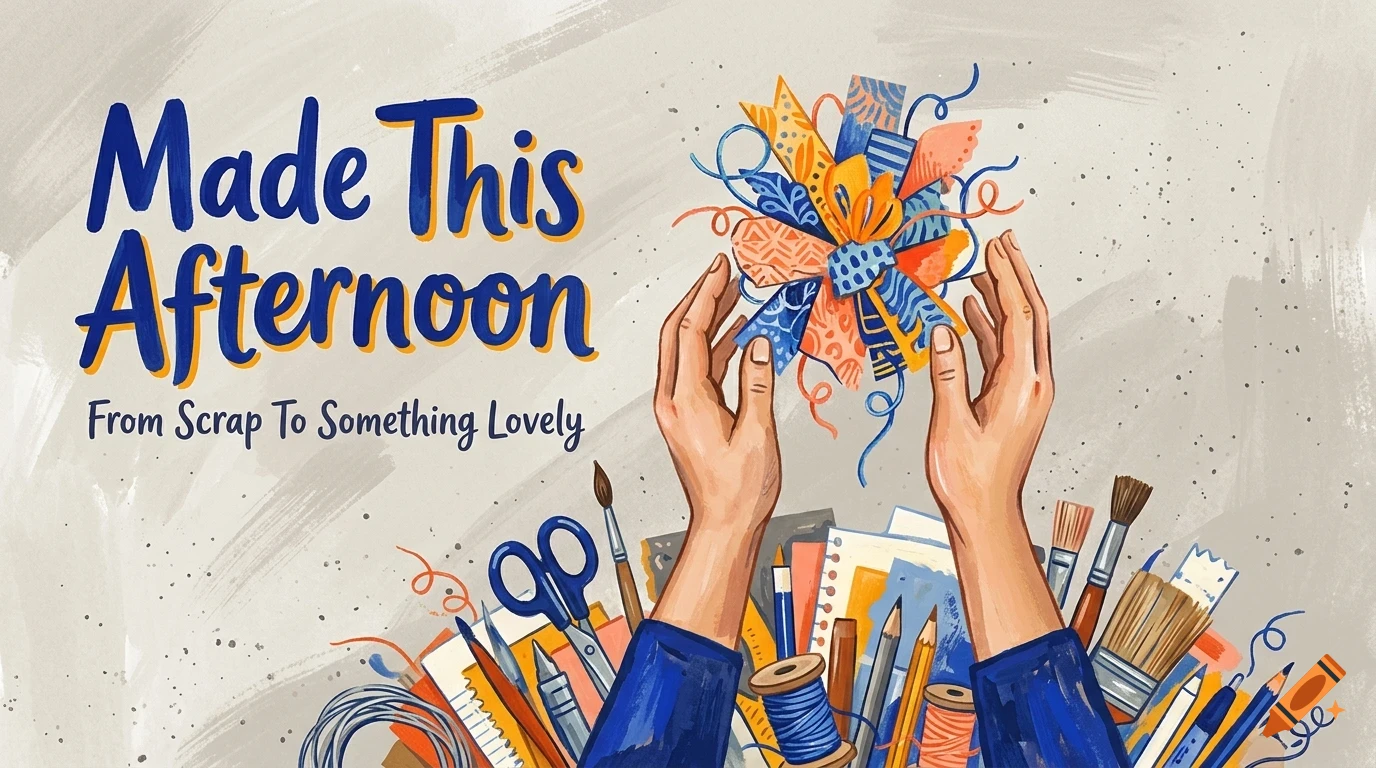 An illustration showing two hands holding a colorful papercraft bow above art supplies, with the text Made This Afternoon From Scrap To Something Lovely.
