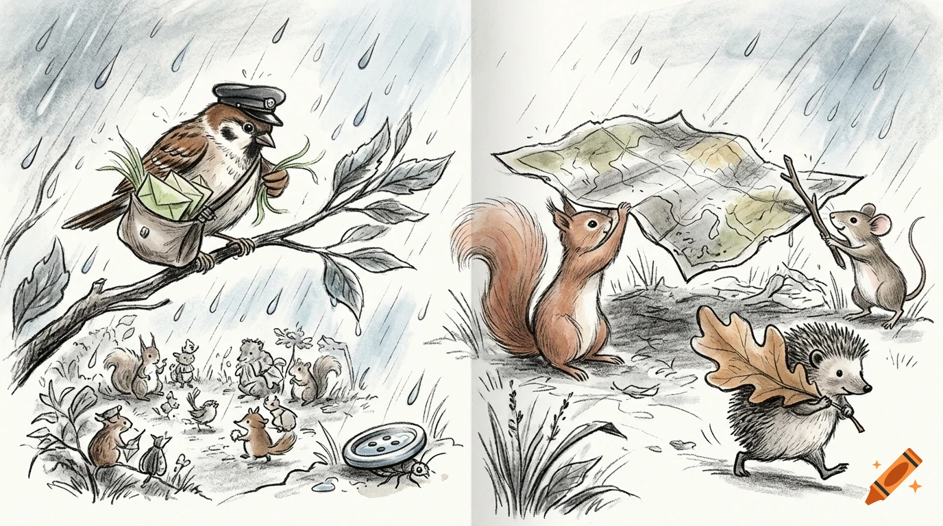 An illustration of forest animals in the rain, featuring a mail carrier bird on a branch and other animals holding a map and leaves.