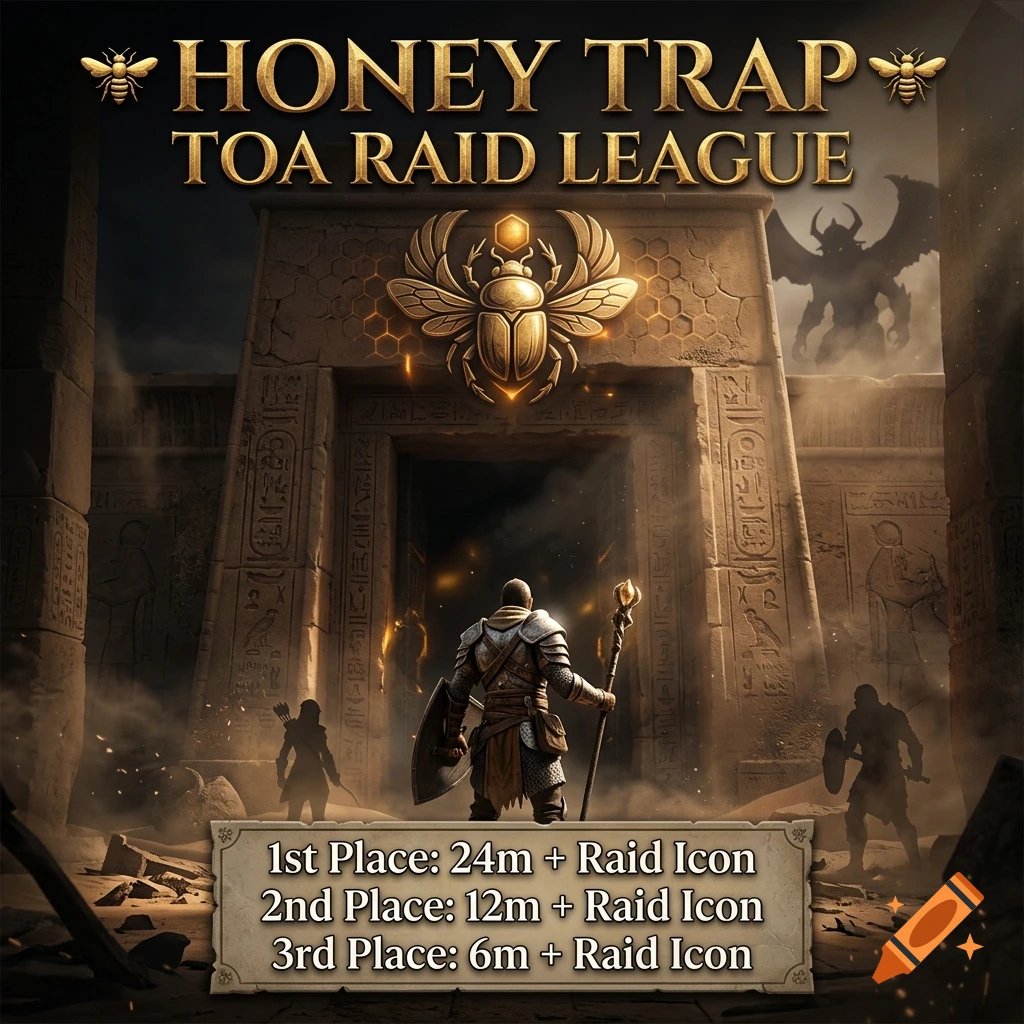 Fantasy digital art of a warrior standing before an ancient Egyptian temple entrance with glowing golden bees and prizes listed below.