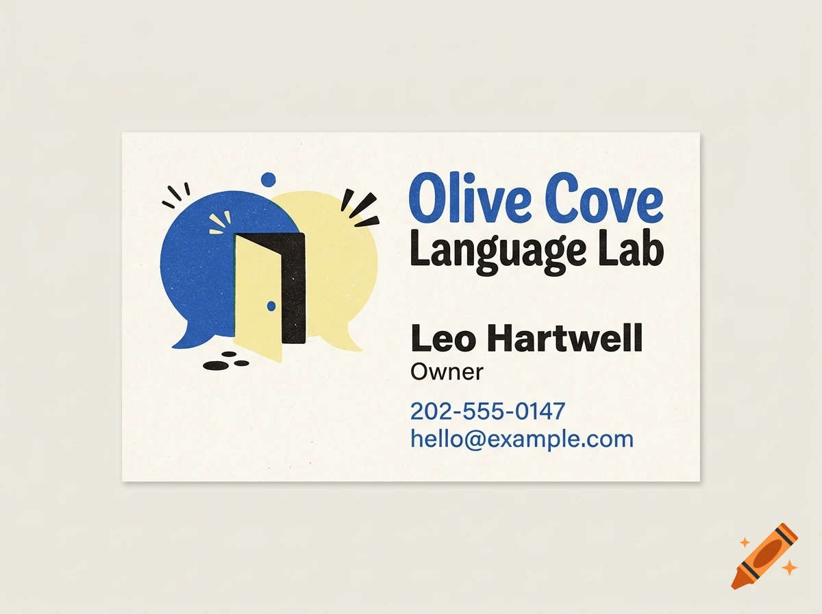 A business card with a graphic of speech bubbles and a open door, displaying text 'Olive Cove Language Lab', 'Leo Hartwell', 'Owner', phone number, and email address.