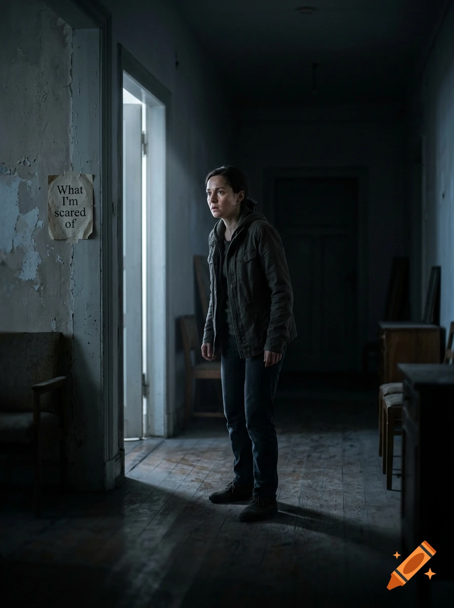 Photorealistic shot of a worried woman standing in a dark, empty hallway with a note on the wall.