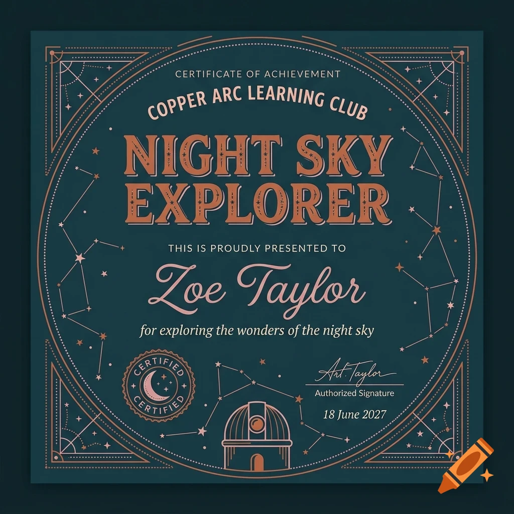 Certificate of achievement from Copper Arc Learning Club for Night Sky Explorer presented to Zoe Taylor with constellation graphics and an observatory dome illustration.