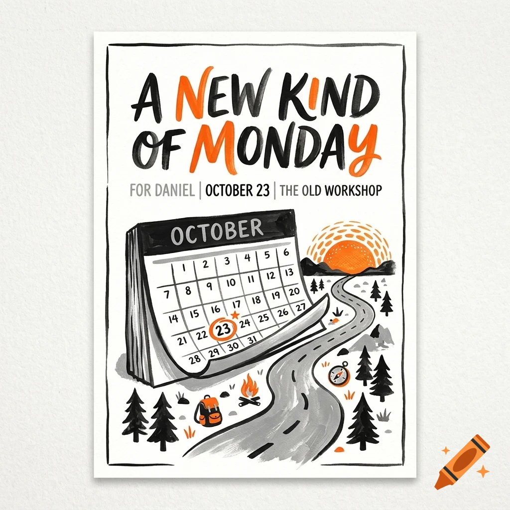 An illustrated poster featuring a calendar for October with the 23rd circled, a winding road through a forest toward a sunset, and the text A New Kind Of Monday.