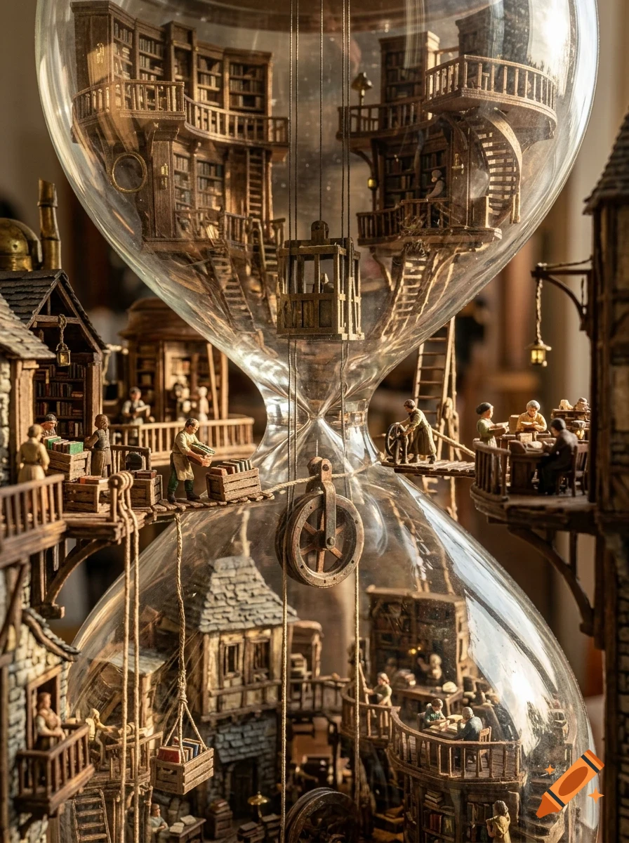 An intricate miniature wooden library housed inside a large glass hourglass, featuring tiny figures of people working among bookshelves, balconies, and pulleys.