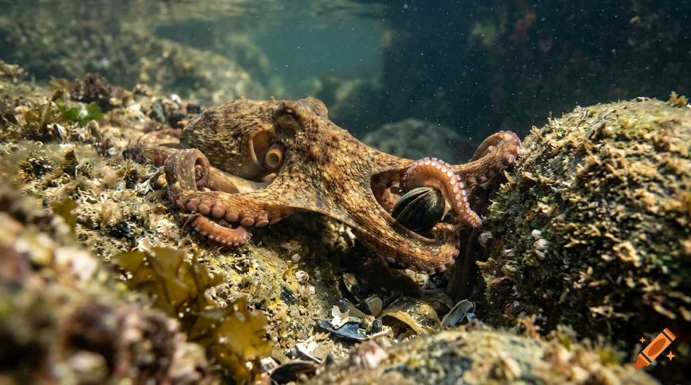 An octopus on the seabed among rocks and seaweed