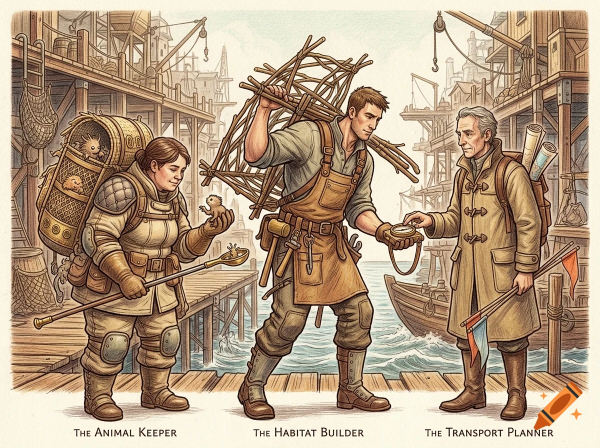 An illustrated scene featuring three characters on a wooden dock with nautical structures in the background, labeled The Animal Keeper, The Habitat Builder, and The Transport Planner.