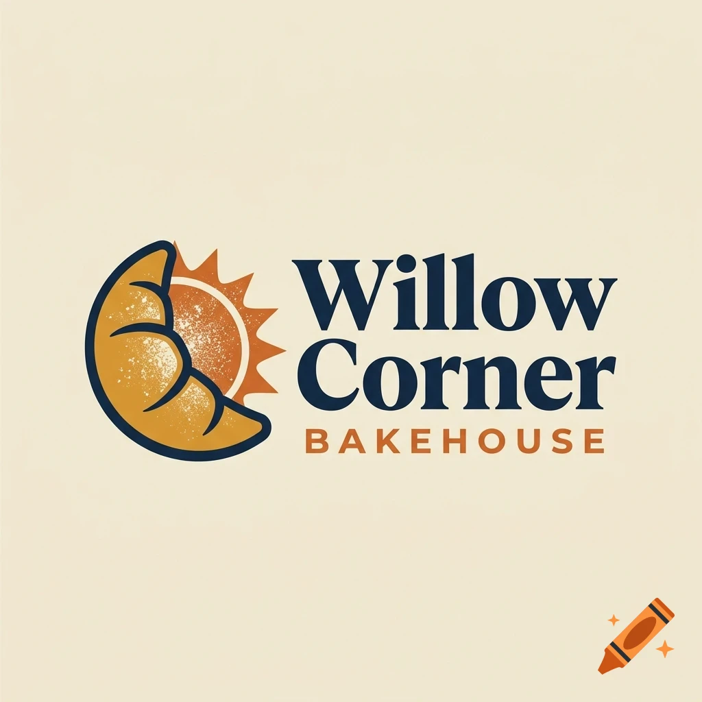 A logo for Willow Corner Bakehouse featuring an illustrated crescent pastry and sun graphic alongside blue and orange text.