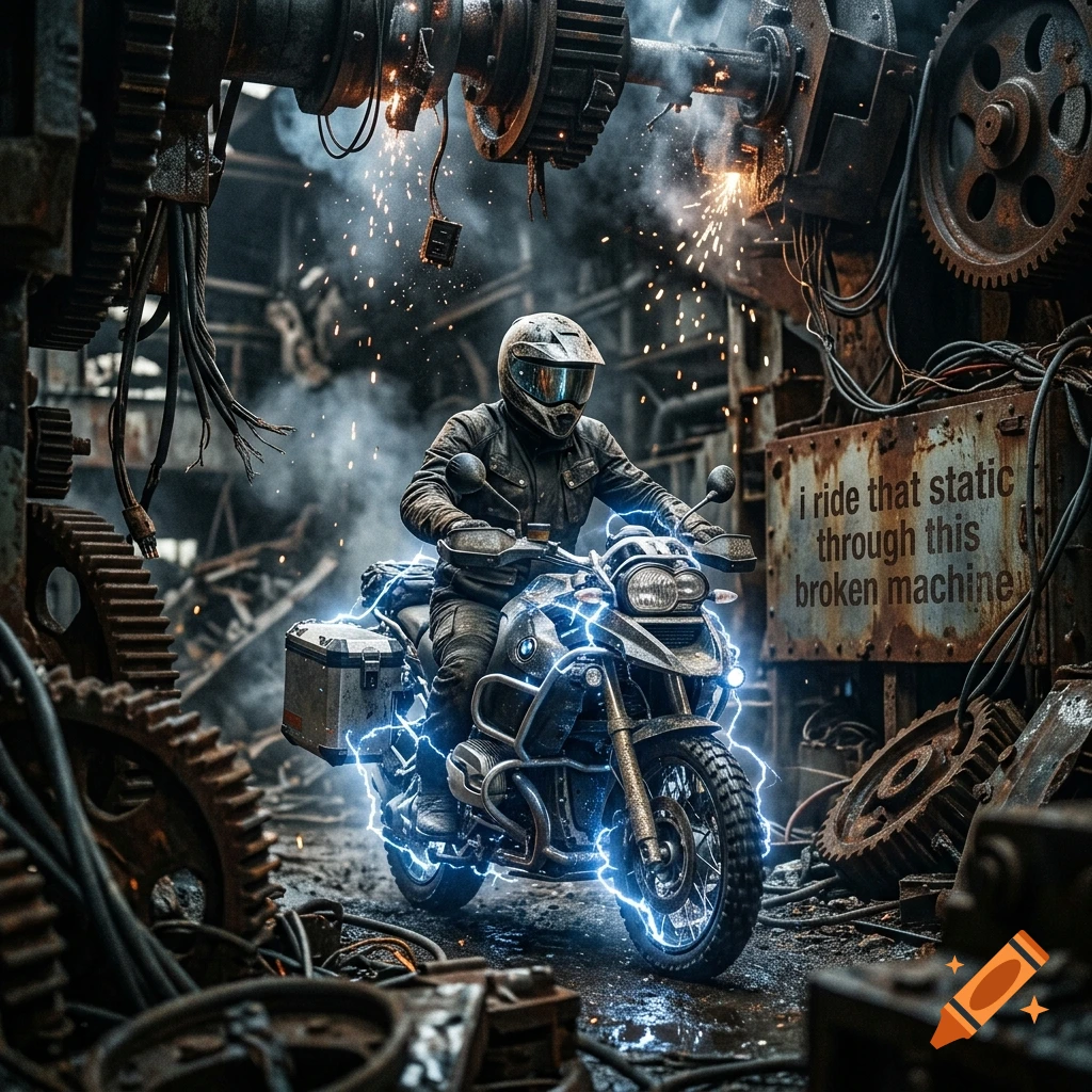 A motorcyclist riding an adventure bike surrounded by machinery, sparks, and electrical arcs, featuring the text 'i ride that static through this broken machine'.