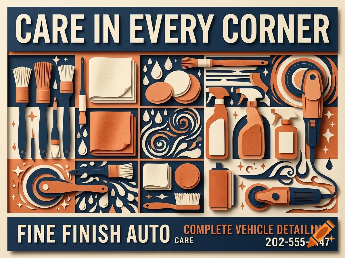 An advertisement featuring car detailing tools, brushes, spray bottles, and cloths with papercut style art and text reading Fine Finish Auto Care.
