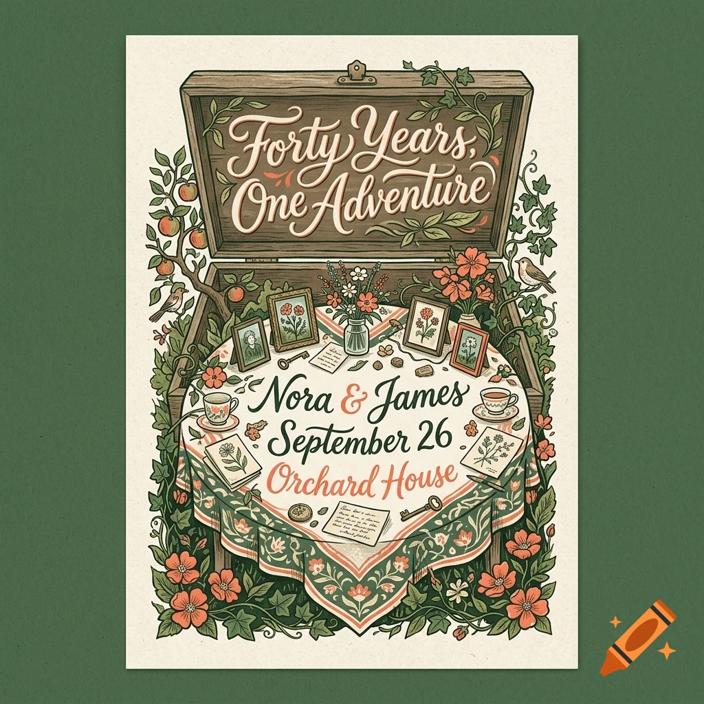 An illustrated poster with lettering reading 'Forty Years, One Adventure' inside an open wooden chest, and 'Nora & James September 26 Orchard House' on a table below.