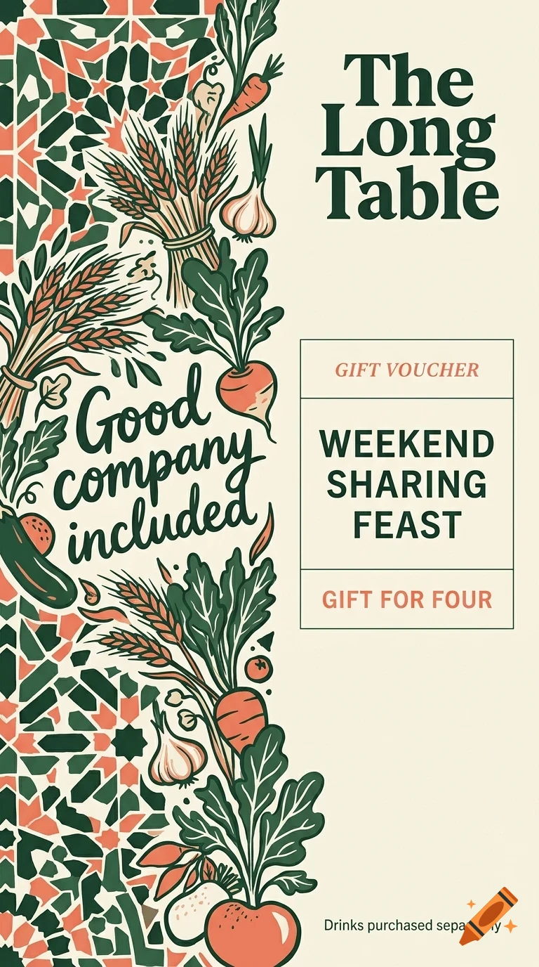 An illustrated gift voucher design featuring vegetables, wheat, decorative patterns, and the text 'The Long Table' and 'Weekend sharing feast'.