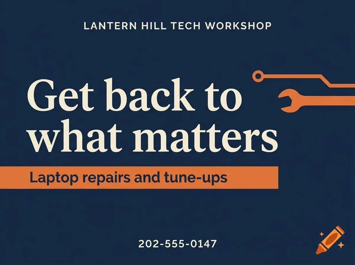 An advertisement for Lantern Hill Tech Workshop with a wrench graphic and the text Get back to what matters.