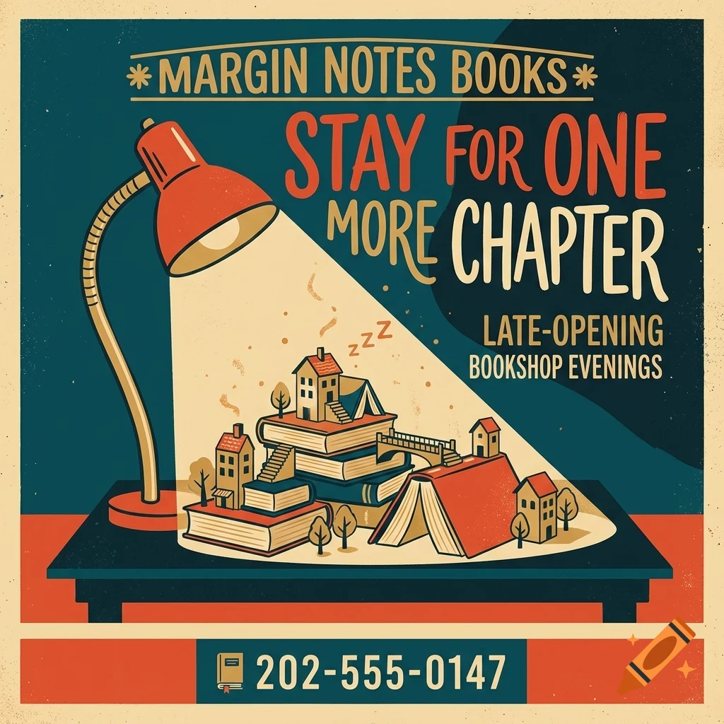 An illustrated bookshop poster featuring a red desk lamp illuminating a stack of books shaped like a tiny village, with the text Margin Notes Books and Stay for one more chapter.
