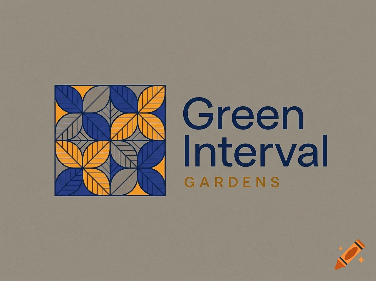 A logo design with a square geometric leaf pattern on the left and the text Green Interval GARDENS on the right.