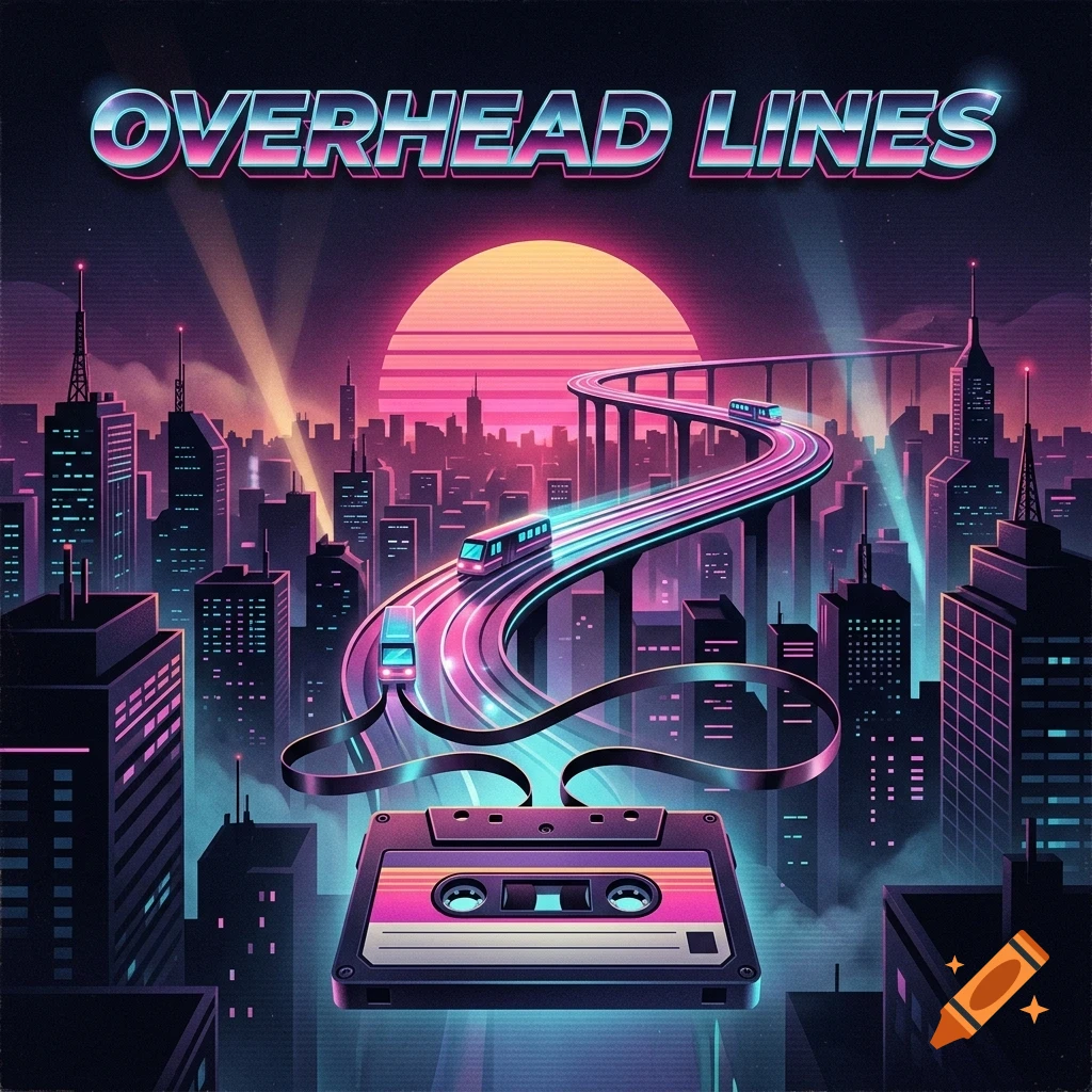 An 80s synthwave-style illustration of a cassette tape unfurling into elevated train tracks that wind through a futuristic neon city under a large sunset, with the text OVERHEAD LINES at the top.