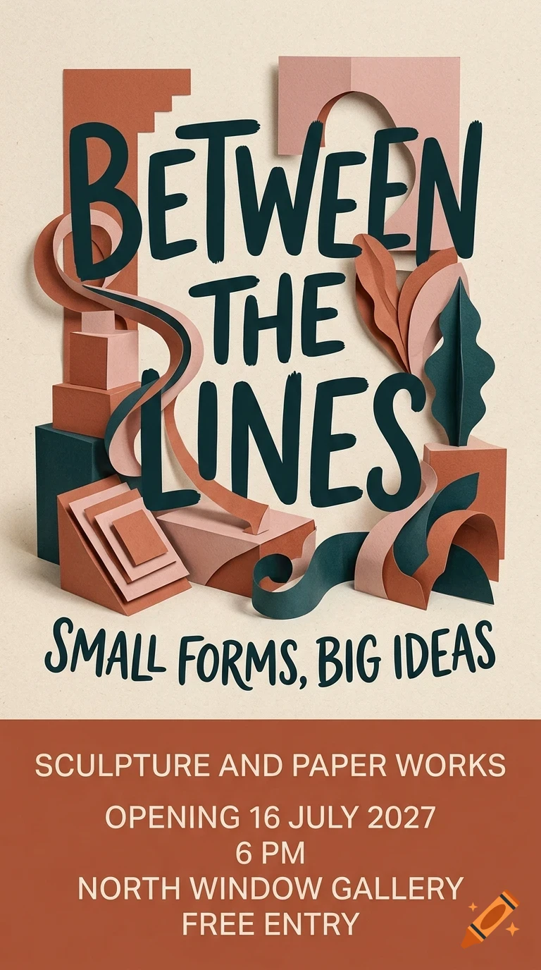 An art exhibition poster featuring layered paper sculpture shapes and dark lettering reading Between the Lines.