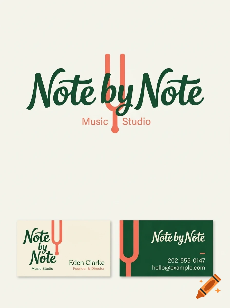 A logo design and business card mockups for Note by Note Music Studio featuring a tuning fork graphic and green and peach lettering.