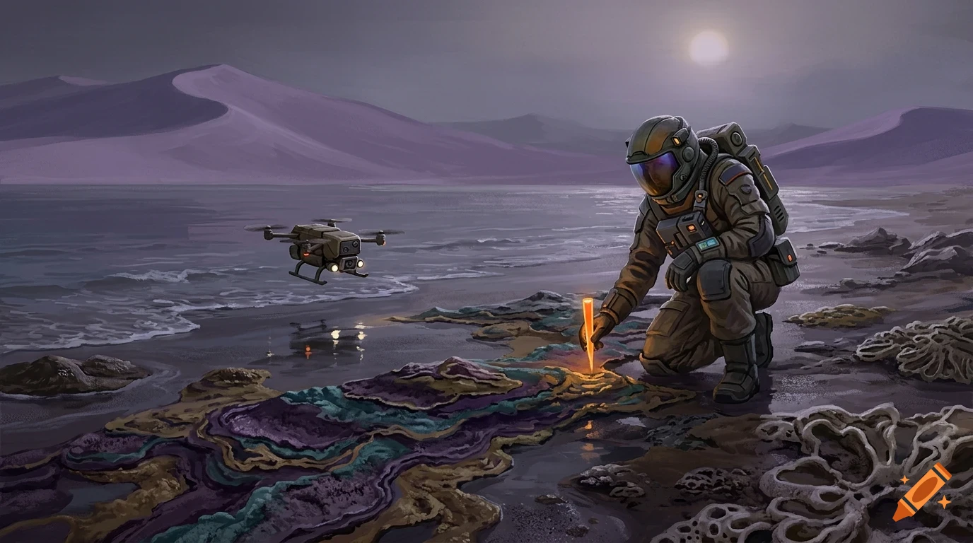 An astronaut in a spacesuit kneels by a glowing orange marker on an alien shore with a hovering drone and distant purple dunes.