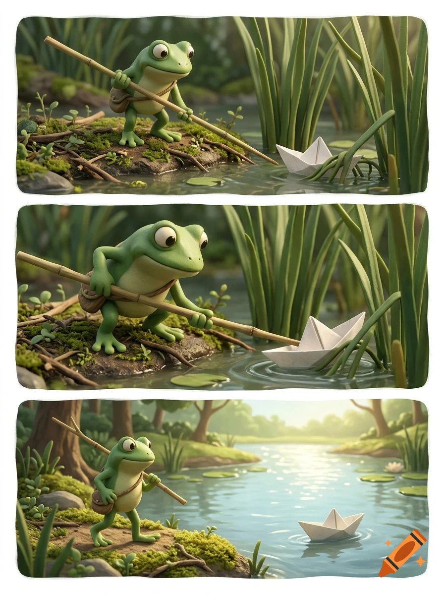 A three-panel illustration of a little green frog holding a stick and guiding a small paper boat on a river.