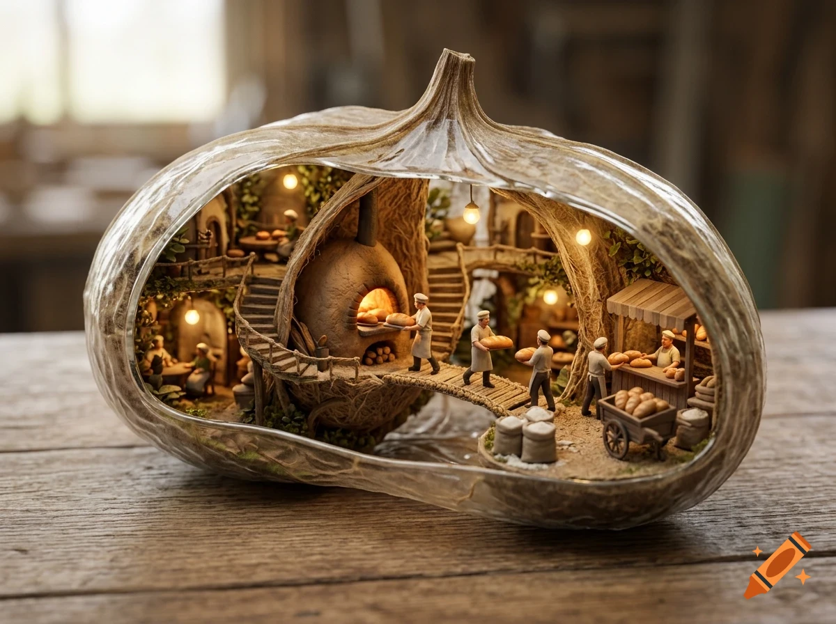A miniature diorama inside a hollowed-out gourd or seed pod depicting a bustling bakery village with tiny bakers working.