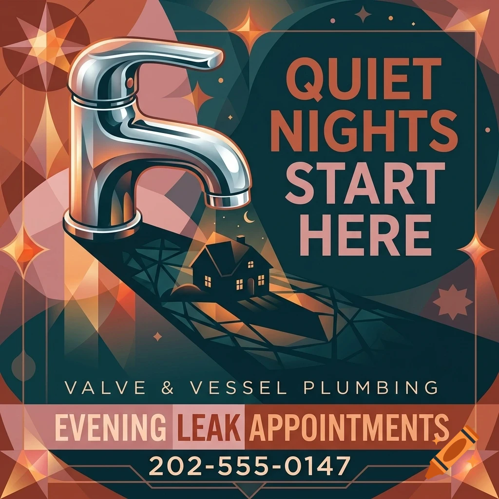 An artistic poster featuring a chrome faucet casting a shadow over a small house, with the text QUIET NIGHTS START HERE.