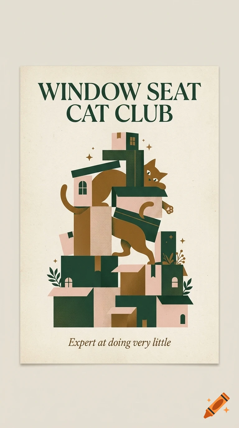 An illustrated poster featuring a cat climbing on a geometric stack of boxes, with the text 'WINDOW SEAT CAT CLUB' and 'Expert at doing very little'.