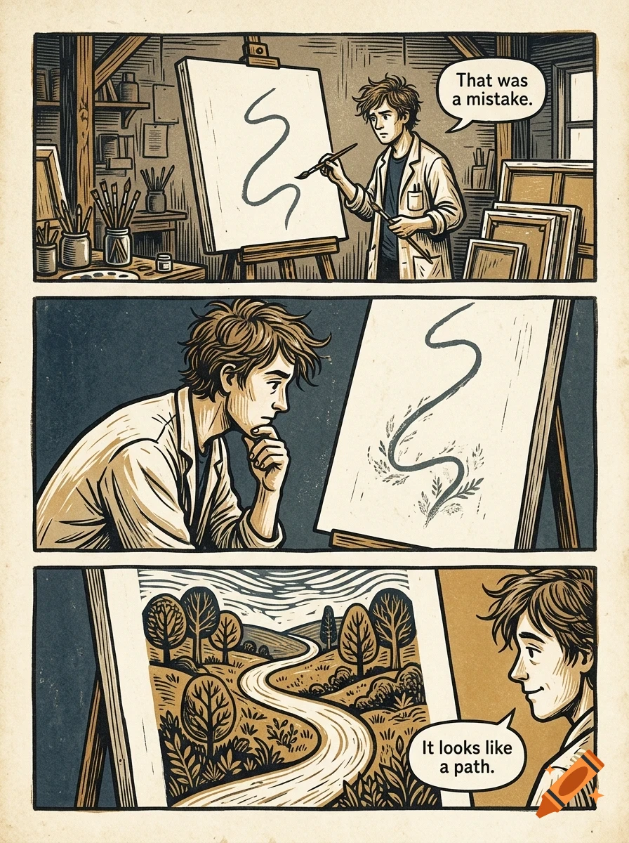 A three-panel comic illustration shows an artist painting on a canvas in a studio, progressing from a simple squiggle to a detailed landscape with a path.