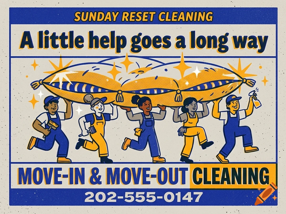 An illustrated cleaning service advertisement showing five diverse workers in overalls carrying a large yellow pillow together, with text reading Sunday Reset Cleaning, Move-in & Move-out Cleaning, and a phone number.