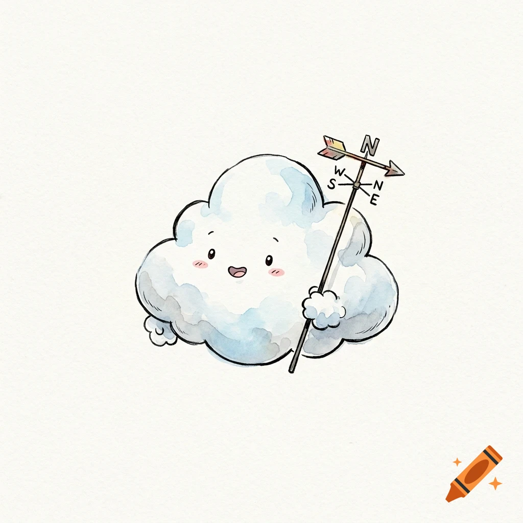 A cute cartoon cloud character holding a weather vane on a white background.